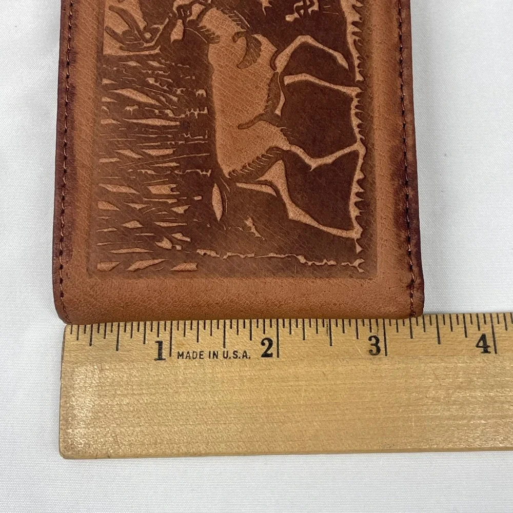 John Weitz VTG Full Grain Leather Bifold Wallet Embossed Deer Brown Billfold NOS